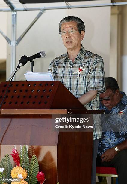 Marshall Islands - Hiroshima Peace Culture Foundation chairperson Yasuyoshi Komizo makes a speech on March 1 during a memorial ceremony marking the...