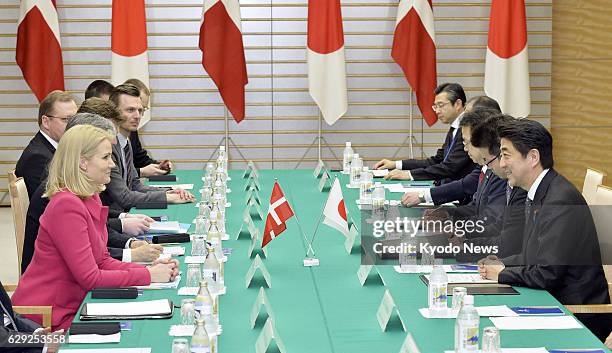 Japan - Japanese Prime Minister Shinzo Abe holds talks with his Danish counterpart Helle Thorning-Schmidt at Abe's office in Tokyo on March 4, 2014.