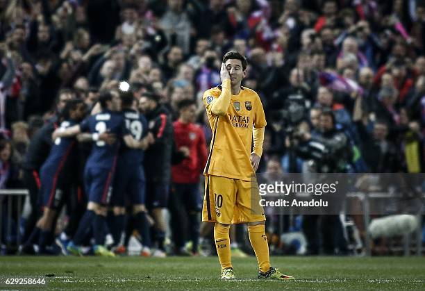 Lionel Messi of Barcelona reacts after loosing the UEFA Champions League quarter final second leg match between Club Atletico de Madrid and FC...