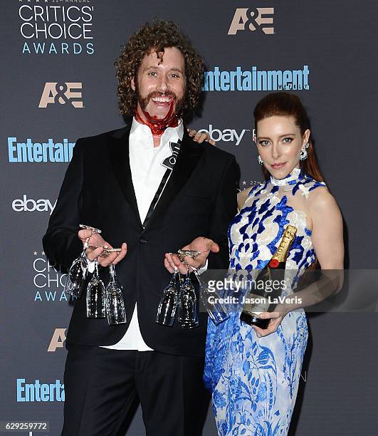 Actor T.J. Miller and wife Kate Gorney pose in the press room at the 22nd annual Critics' Choice Awards at Barker Hangar on December 11, 2016 in...