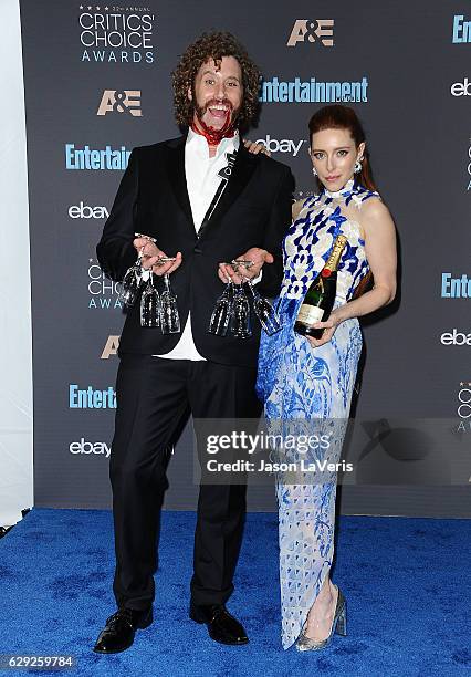 Actor T.J. Miller and wife Kate Gorney pose in the press room at the 22nd annual Critics' Choice Awards at Barker Hangar on December 11, 2016 in...