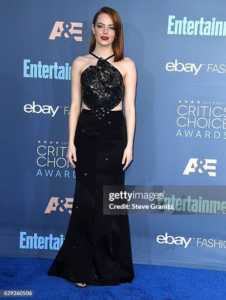 Emma Stone arrives at the The 22nd Annual Critics' Choice Awards at Barker Hangar on December 11, 2016 in Santa Monica, California.