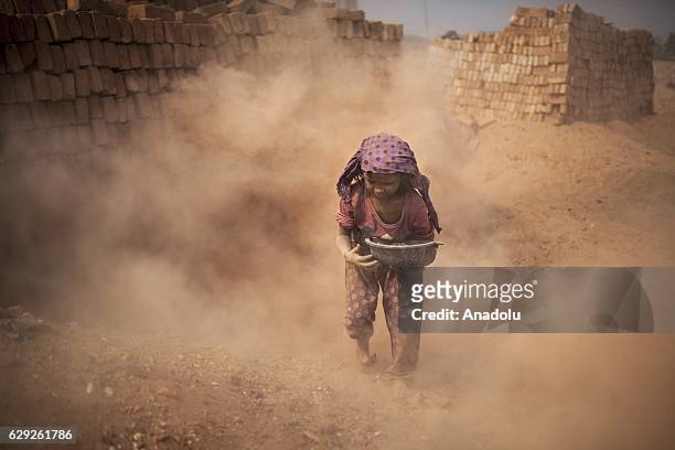 Child labors collect coal from dust near brick making field in Dhaka, Bangladesh on February 09, 2016. Despite of the hazardous effect of dust on...