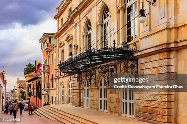 bogota, colombia: the opera teatro colon in the capital city located on calle 10 in the la candelaria district on an overcast day - teatro colón imagens e fotografias de stock