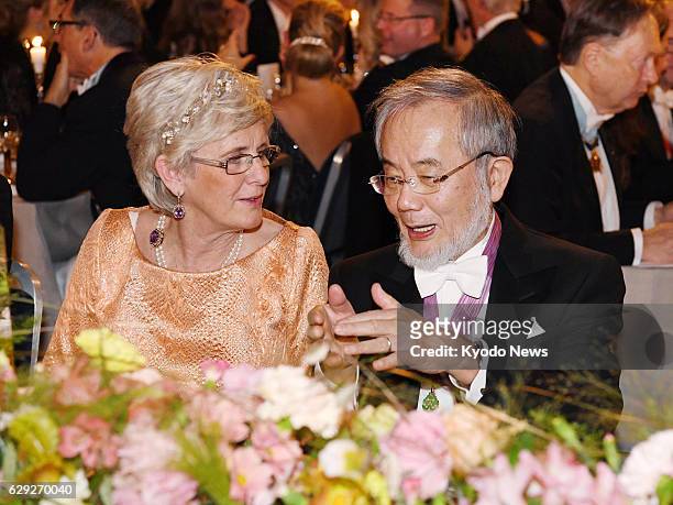 Nobel laureate Yoshinori Ohsumi attends a banquet in Stockholm on Dec. 10, 2016. Ohsumi was awarded the Nobel Prize in physiology or medicine for...