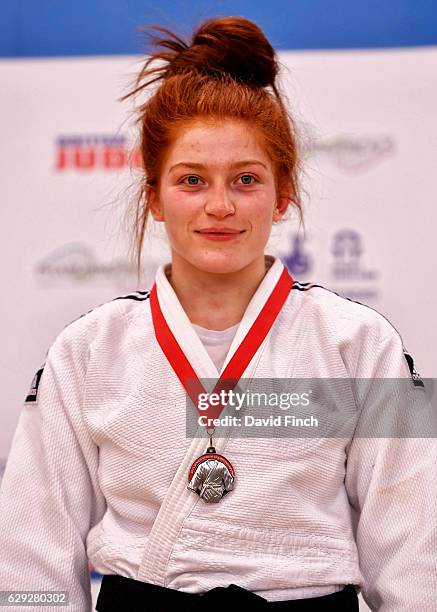 Lubjana Piovesana of Bishop Challoner JC proudly wears her u63kg silver medal during the 2016 British Senior Judo Championships after winning the...