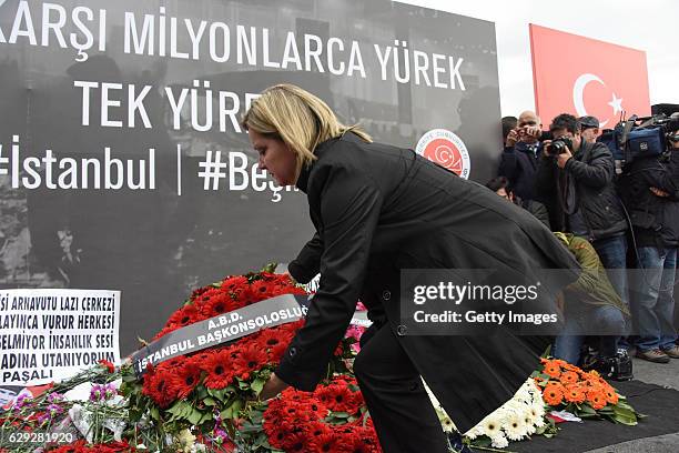 Consul General Jennifer L. Davis places a wreath to the blast site outside the Besiktas FC's Vodafone Arena Stadium in Istanbul, December 12 Turkey....