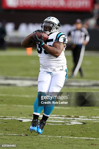 Mike Tolbert of the Carolina Panthers in action during the game against the Oakland Raiders at the Oakland-Alameda County Coliseum on November 27,...