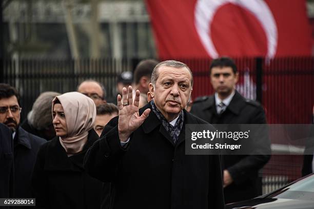 Turkish President Recep Tayyip Erdogan visits the blast site outside the Besiktas FC's Vodafone Arena Stadium on December 12, 2016 in Istanbul,...