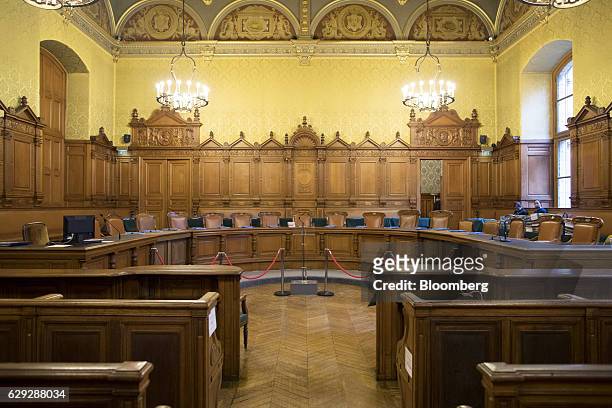 The main courtroom seating area for the trial of Christine Lagarde, managing director of the International Monetary Fund , is seen at the Palais de...