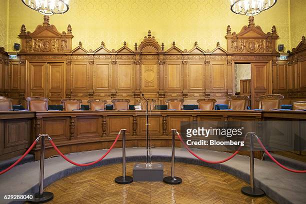 The main courtroom seating area for the judges and lawmakers conducting the trial of Christine Lagarde, managing director of the International...