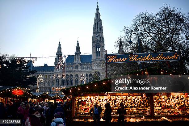 The christmas market at the town hall of Vienna is seen during sunset on December 5, 2016 in Vienna, Austria. The town of Vienna is the federal...