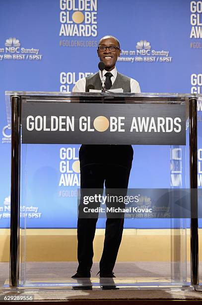 Actor Don Cheadle speaks onstage during Moet & Chandon toast to the 74th Annual Golden Globe Awards nominations on December 12, 2016 in Los Angeles,...