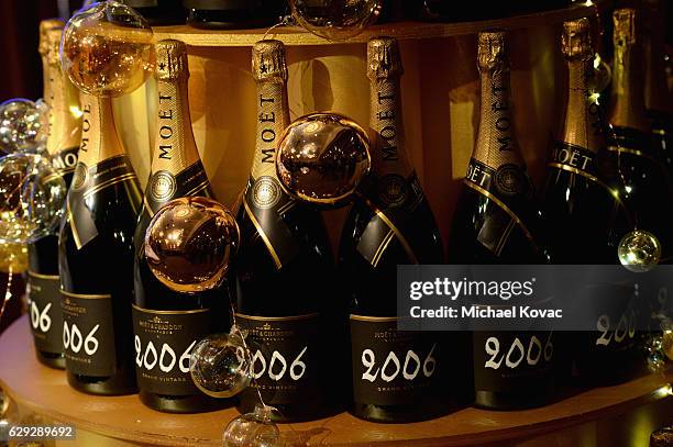 Moet & Chandon bottles on display during Moet & Chandon toast to the 74th Annual Golden Globe Awards nominations on December 12, 2016 in Los Angeles,...