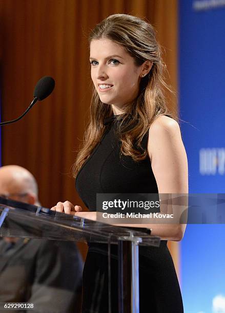 Actress Anna Kendrick speaks onstage during Moet & Chandon toast to the 74th Annual Golden Globe Awards nominations on December 12, 2016 in Los...