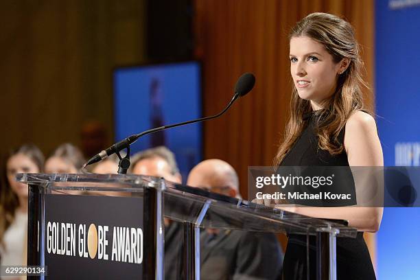 Actress Anna Kendrick speaks onstage during Moet & Chandon toast to the 74th Annual Golden Globe Awards nominations on December 12, 2016 in Los...