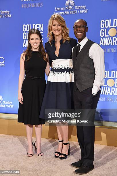 Actors Anna Kendrick, Laura Dern and Don Cheadle attend Moet & Chandon toast to the 74th Annual Golden Globe Awards nominations on December 12, 2016...