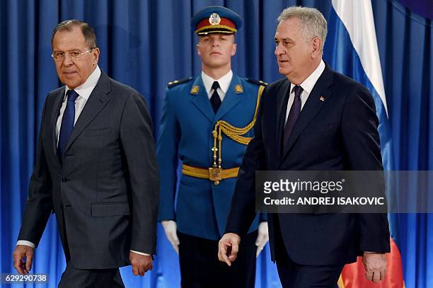 Russian Foreign Minister Sergei Lavrov arrives for a meeting with Serbian President Tomislav Nikolic in Belgrade on December 12, 2016. Lavrov is...