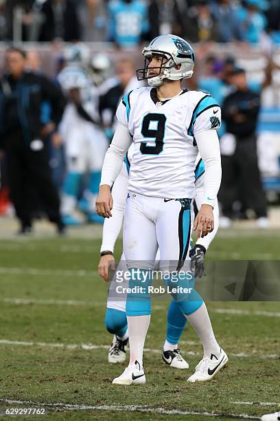 Graham Gano of the Carolina Panthers in action during the game against the Oakland Raiders at the Oakland-Alameda County Coliseum on November 27,...