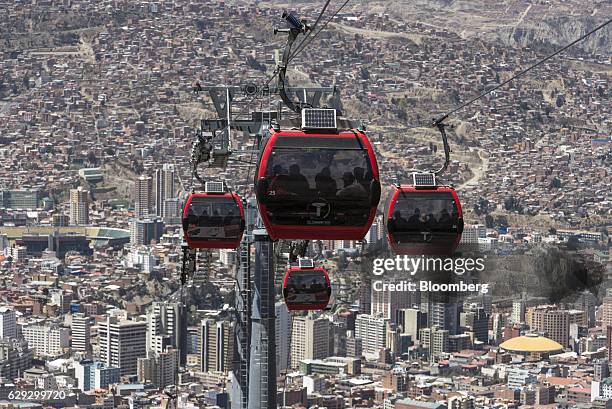 Bloomberg Best of the Year 2016: Travelers ride on red line Mi Teleferico cable cars above the city in La Paz, Bolivia, on Thursday, Sept. 8, 2016....