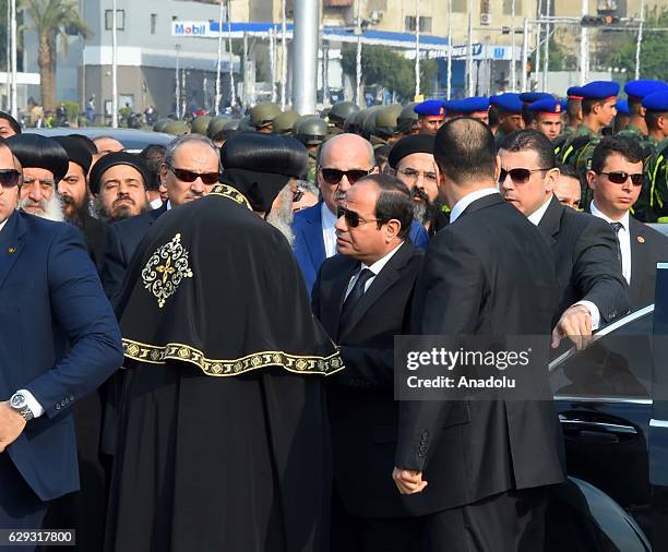 Egyptian President Abdel Fattah el-Sisi attends the funeral ceremony for the victims of the explosion at Saint Peter and Saint Paul Coptic Orthodox...