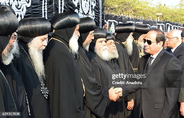 Egyptian President Abdel Fattah el-Sisi attends the funeral ceremony for the victims of the explosion at Saint Peter and Saint Paul Coptic Orthodox...