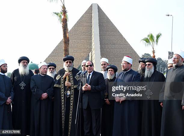 Egyptian President Abdel Fattah el-Sisi delivers a speech during the funeral ceremony for the victims of the explosion at Saint Peter and Saint Paul...