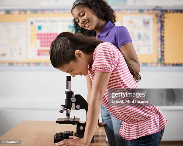 two children using a microscope. - microscope objective stock pictures, royalty-free photos & images