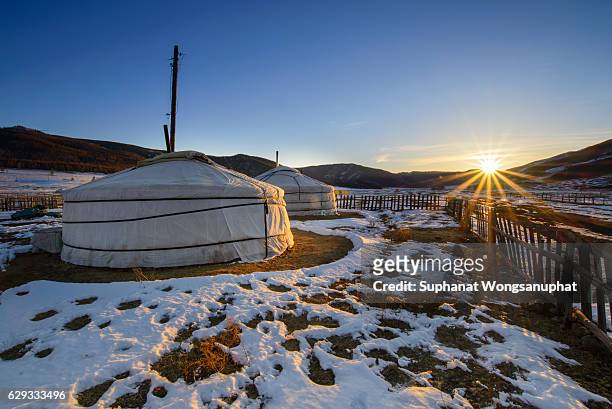 a little village in mongolia with traditional yurts ( gers) standing in the snow in late winter - steppeklimaat stockfoto's en -beelden