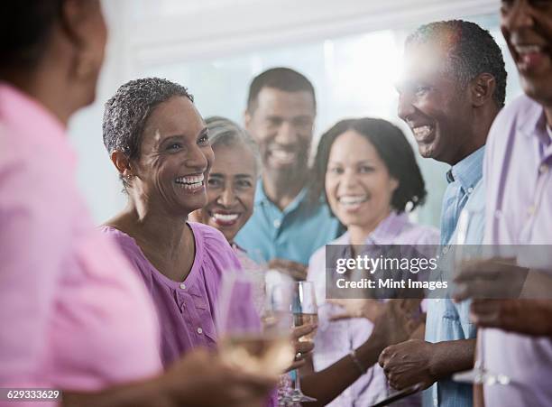 a group of african americans of similar age, the baby boomer generation, having a party. men and women. - generation x stock-fotos und bilder