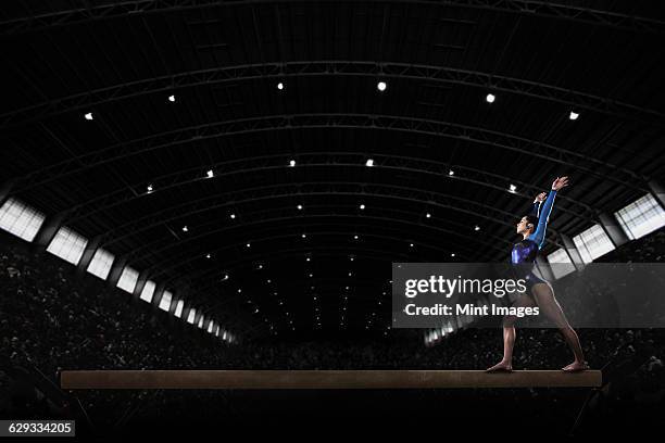 a young woman gymnast performing on the beam, balancing on a narrow piece of apparatus. - ginnasta foto e immagini stock