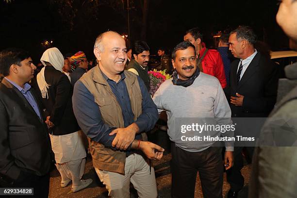 Delhi Chief Minister Arvind Kejriwal and Deputy Chief Minister Manish Sisodia at the wedding reception of Union Minister Nitin Gadkari’s daughter...