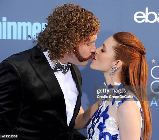 Actor T.J. Miller and Kate Gorney arrive at The 22nd Annual Critics' Choice Awards at Barker Hangar on December 11, 2016 in Santa Monica, California.