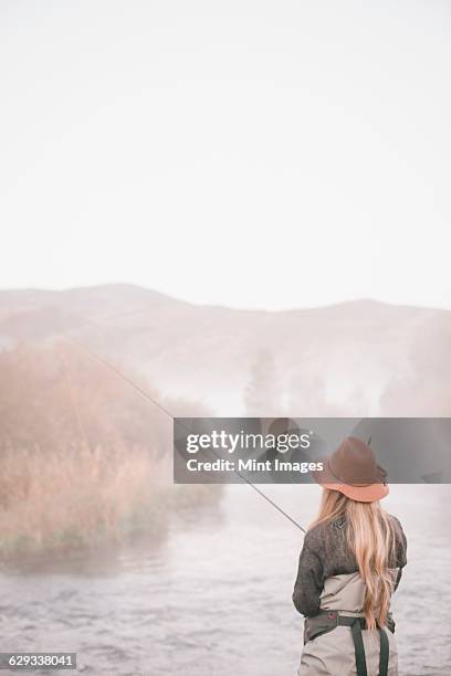 a fisherman, a woman standing on the banks of a river, fly fishing.  - woman fisherman stock pictures, royalty-free photos & images