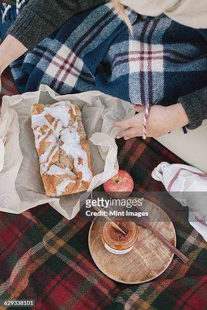 view from overhead of two people at a picnic, one unwrapping a loaf cake.  - winter jam stock pictures, royalty-free photos & images
