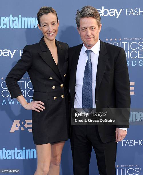 Actor Hugh Grant and Anna Elisabet Eberstein arrive at The 22nd Annual Critics' Choice Awards at Barker Hangar on December 11, 2016 in Santa Monica,...