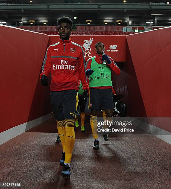 Gedion Zelalem of Arsenal walks out to warm up before the Premier League match between Arsenal and Stoke City at Anfield on December 12, 2016 in...