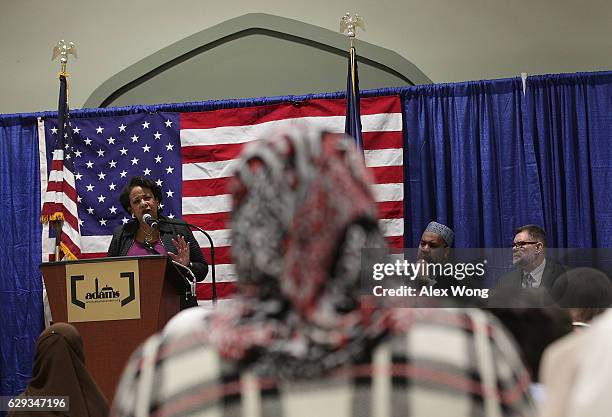 Attorney General Loretta Lynch delivers a speech at the All Dulles Area Muslim Society Center as Executive Religious Director Imam Mohamed Magid...