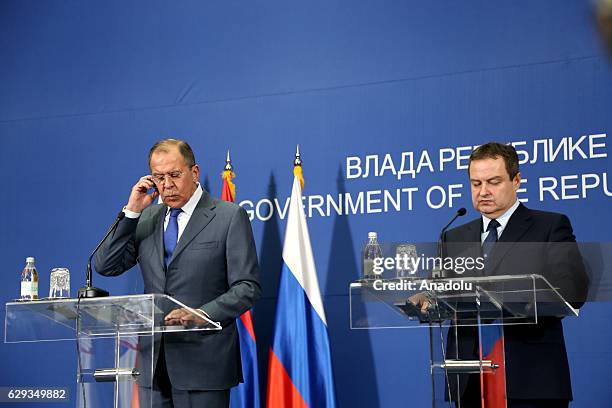 Russia's Foreign Minister Sergei Lavrov and his Serbian counterpart Ivica Dacic hold a joint press conference after their meeting, including...