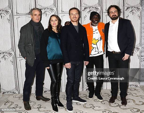 Jeremy Irons, Marion Cotillard, Michael Fassbender, Michael K. Williams and Justin Kurzel attend Build Presents to discuss "Assassin's Creed" at AOL...