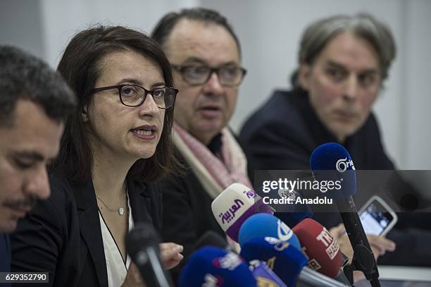 French parliament member Cecile Duflot delivers a speech during a press conference in Gaziantep, Turkey on December 12, 2016. Three French members of...