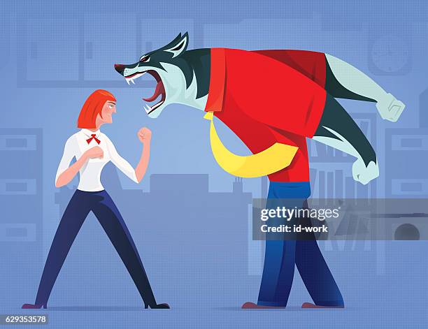 Woman Defending Against Business Wolf High-Res Vector Graphic