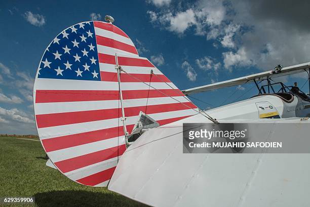 Picture taken on December 12, 2016 shows the tailplane of an aircraft at the Baragwanath airfield as part of the Vintage Air Rally airshow. A dozen...