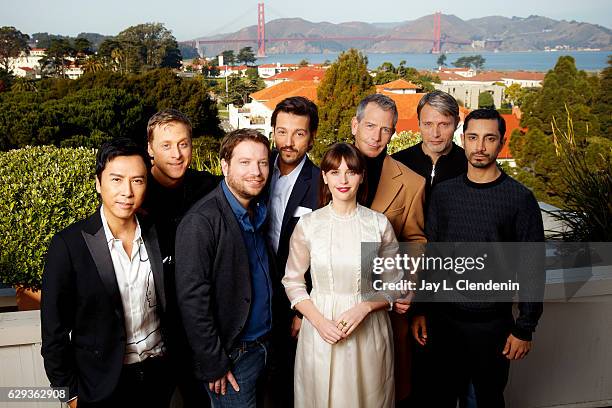 The cast of "Rogue One: A Star Wars Story," Donnie Yen, Alan Tudyk, director Gareth Edwards, Diego Luna, Felicity Jones, Ben Mendelsohn, producer...