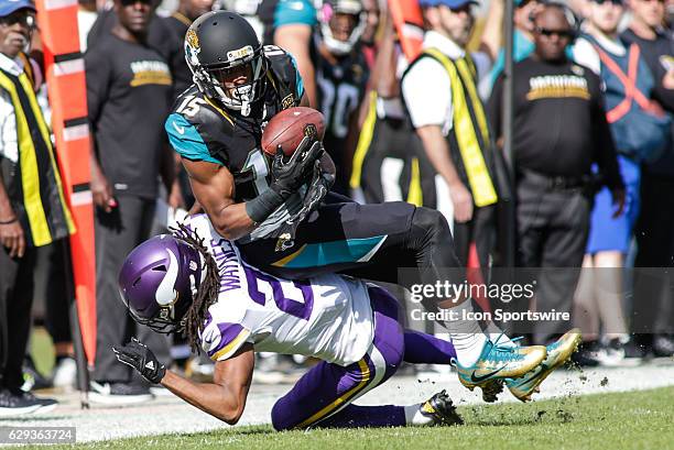 Jacksonville Jaguars Wide Receiver Allen Robinson nearly makes a catch over Minnesota Vikings Cornerback Trae Waynes during the NFL game between the...