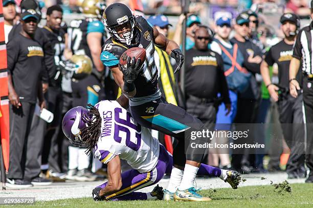 Jacksonville Jaguars Wide Receiver Allen Robinson nearly makes a catch over Minnesota Vikings Cornerback Trae Waynes during the NFL game between the...