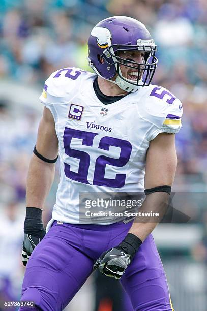 Minnesota Vikings Linebacker Chad Greenway celebrates a play during the NFL game between the Minnesota Vikings and the Jacksonville Jaguars on...