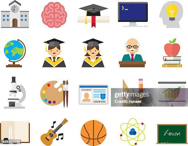 set of 20 flat education icons (kalaful series) - set square stock illustrations