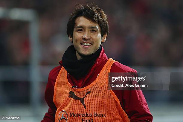 Hajime Hosogai of Stuttgart warms up during the Second Bundesliga match between VfB Stuttgart and Hannover 96 at Mercedes-Benz Arena on December 12,...