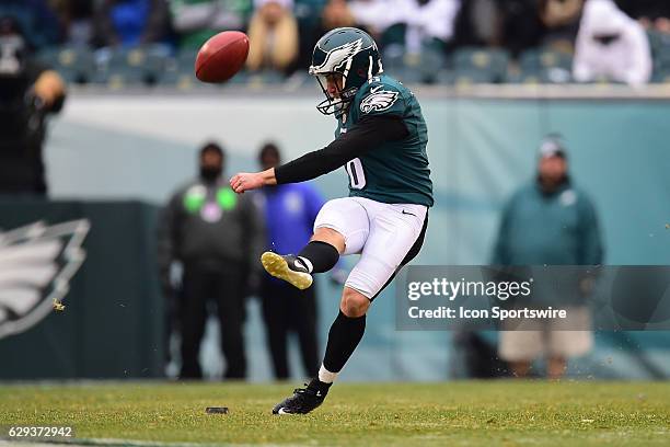 Philadelphia Eagles Place Kicker Caleb Sturgis kicks off during a National Football League game between the Washington Redskins and the Philadelphia...